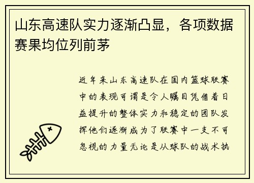 山东高速队实力逐渐凸显，各项数据赛果均位列前茅