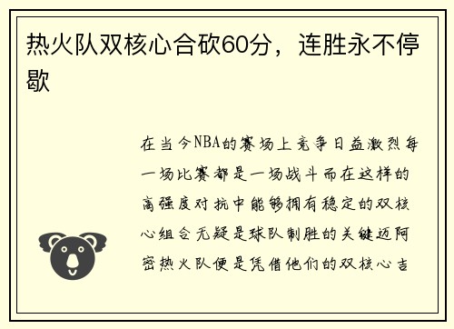 热火队双核心合砍60分，连胜永不停歇